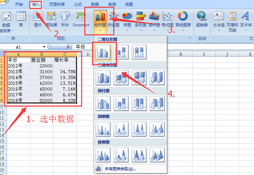 Excel中怎么制作柱狀圖和增長率折線圖?